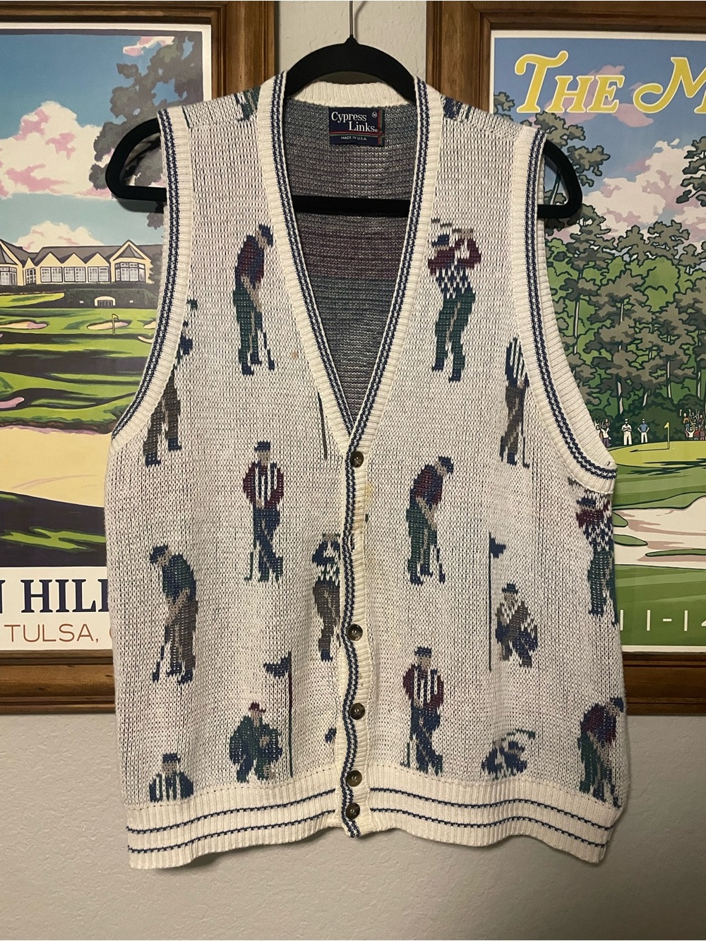 Vintage Cypress Links Golf Sweater Vest USA Made All Over Golfer Knit Cardigan